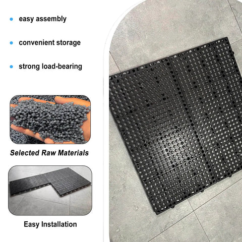 Six Pack Black Plastic Pallets With Ventilation Grid, 11.8 By 23.6 By 1.18 Inches displayed on a gray floor.