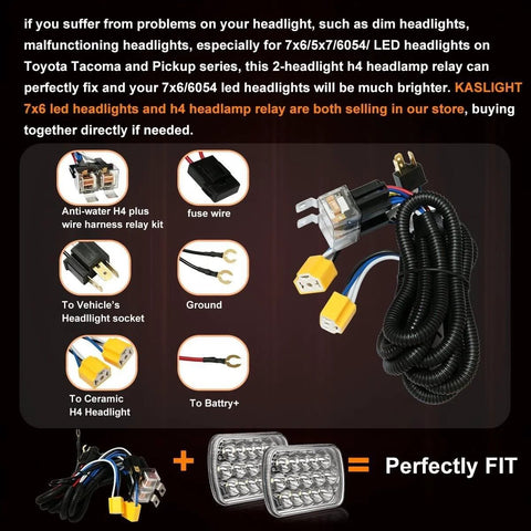 Two Headlight Wiring Harness Kit With H4 Relay For 9003 6054 H6054 LED Headlights, LED Connector Socket Kit For Toyota Tacoma, shown with components and installation diagram.