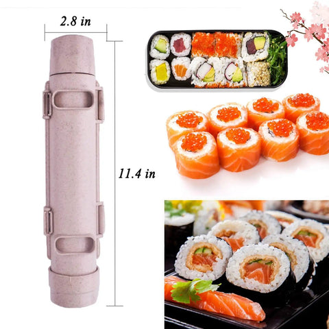 Heart Shaped Sushi Roller For DIY Sushi Making Kit by Thanice with food grade plastic mold beside sushi rolls.