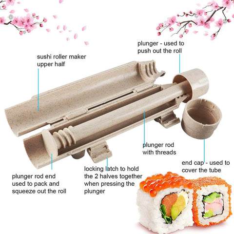 Heart Shaped Sushi Roller For DIY Sushi Making Kit By Thanice showing parts like plunger, roller, and end cap next to sushi rolls