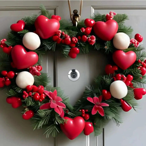 Heart-shaped wreath on door with 4 Pack 220 Degree Door Viewers Peep Holes For Front Doors With Large HD Lens installed.