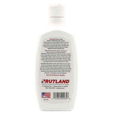 Back view of Hearth And Grill Conditioning Glass Cleaner For Fireplaces And Wood Stoves With Soot Busting High Temperature Glass And Stovetop Cleanup RTV Silicone Layering Formula For A Longer Lasting Clean 8 Oz bottle, showing label details and instructions.