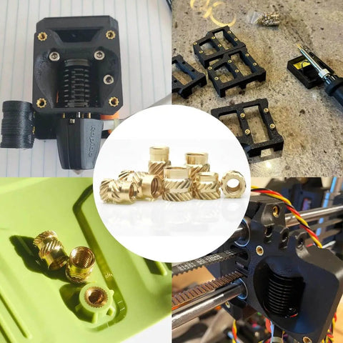 Vertical Heat Press Insert Tool With 210mm Insertion Height Heat Set Tips For M2 To M8 and brass knurled nuts showcased in use