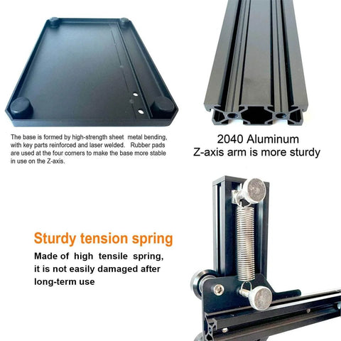 Vertical Heat Pressing Machine components, including 2040 aluminum Z-axis, sturdy tension spring, and base with anti-slip foot pads.