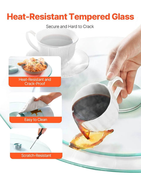 Pouring coffee onto heat-resistant 20 Inch Glass Lazy Susan Turntable with additional features highlighted.