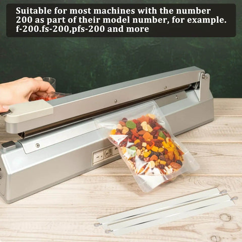 10 Pack Heat Sealer Replacement Strips For Impulse Sealers with bag of dried fruit, nylon cloth visible, on a machine