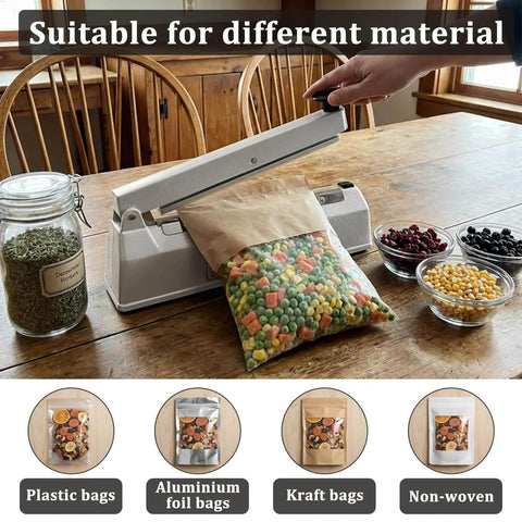 Impulse sealer sealing bag of mixed vegetables, compatible with plastic, foil, kraft, and non-woven bags.