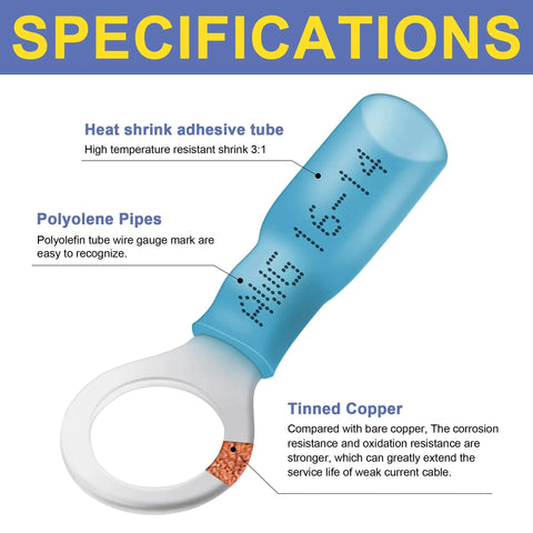 Marine Grade Heat Shrink Wire Connectors Kit With 520 Pieces for 16 14 Gauge, blue tinned copper ring terminal