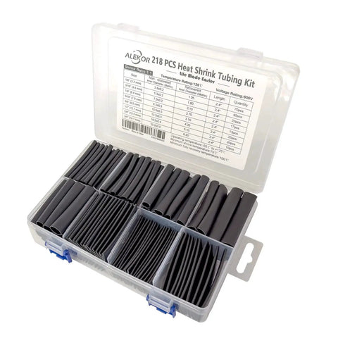 Heat Shrink Tubing Kit With 218 Pieces And Eight Sizes From One Eighth Inch To Three Quarters Inch 2.4 Inch Pre Cut Tubes Three To One Shrinkage Industrial Marine Grade Waterproof Comes In Sturdy Organizer For Easy Storage And Fast Electrical Fixes in a clear case