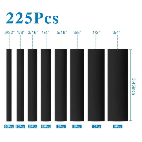 UL Listed 225 Pcs Heat Shrink Tubing Kit with Length Three Point Four Five Inches Three To One Shrink Ratio Eight Sizes