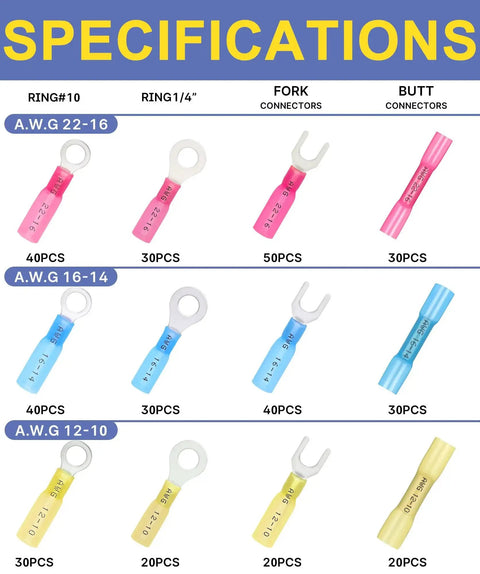 Specifications chart showing Marine Grade Heat Shrink Wire Connectors Kit components for 22 to 10 AWG, including ring, fork, and butt splices.