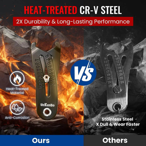 Heat-treated Cr-V steel bolt size finder keychain gauge for bolts and nuts SAE five sixteenth to one inch and metric 8 to 25 mm.