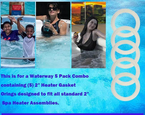 Hot Tub Heater Gasket Replacement O Ring Kit 2 Inch 7114030B Set Of 4 Balboa Gecko Compatible shown with pool scenes and gaskets