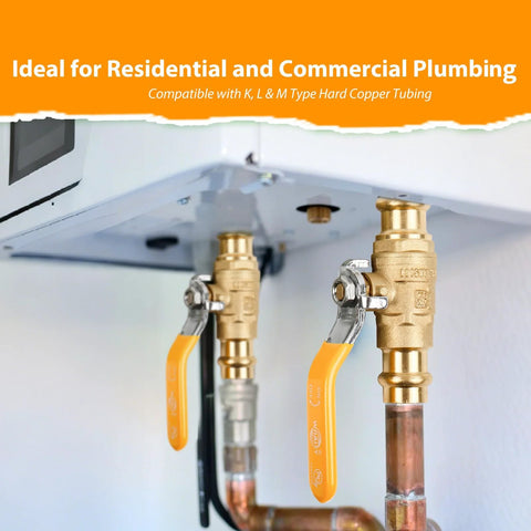 Two 1/2-inch lead-free brass shut-off ball valves (2-pack) with orange handles on copper piping, ProPress compatible.