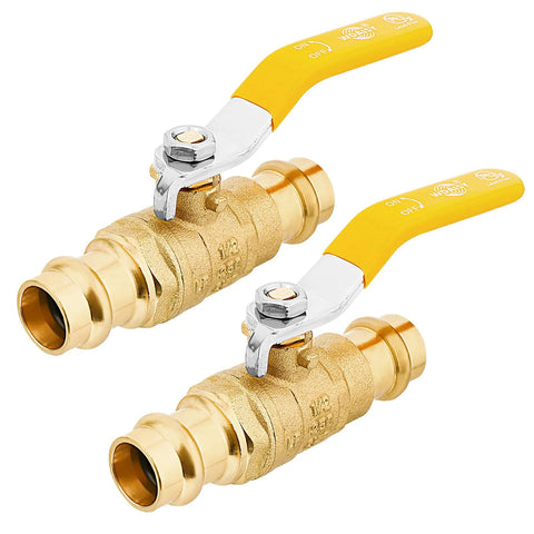 Two 1/2-inch brass ball valves with yellow handles, lead-free ProPress fittings for copper tubing