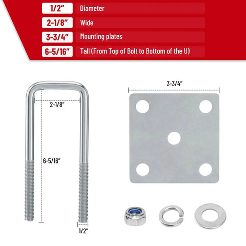 Heavy-duty 1/2 inch U bolts, 6 5/16 inch long, designed for 2x3 boat trailer axles in side view with mounting plate and washers