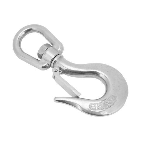 Close-up of 1.3in stainless steel rotating clevis slip hook with safety latch, AISI 304 marine-grade steel