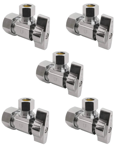 Five chrome-plated brass angle shut-off valves, 1/2 in. NOM compression inlet to 3/8 in. OD compression outlet, squared body