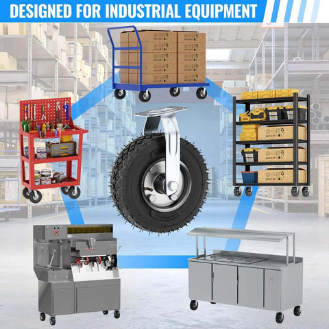 10 inch pneumatic caster set of 4 with 2 swivel and 2 rigid casters shown on industrial carts and trolleys in a warehouse setting.