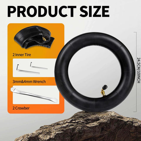 Heavy Duty 10x2.50 Inner Tube (2-Pack) for Electric Scooters with tools shown; includes wrenches and crowbar for installation.