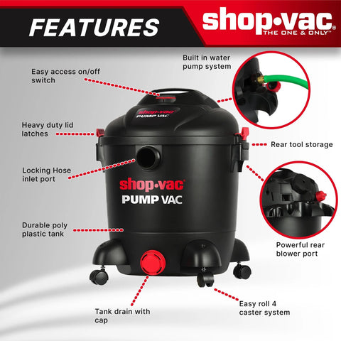 Heavy Duty 12 Gallon Wet Dry Vacuum With Built In Water Pump 5.0 Peak HP 2.5 Inch Diameter features and design details