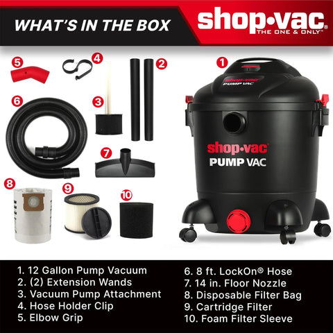 Heavy Duty 12 Gallon Wet Dry Vacuum With Built In Water Pump 5.0 Peak HP 2.5 Inch Hose, box contents displayed, including vacuum and accessories.