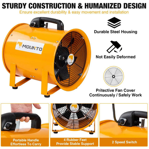 Heavy Duty 12 Inch Cylinder Axial Fan With 25 Foot Vinyl Hose Delivers 2900 CFM Directional Airflow For Crawl Spaces Attics Basements Portable Blower Exhaust Fan Built Tough For Quick Ventilation MOUNTO
