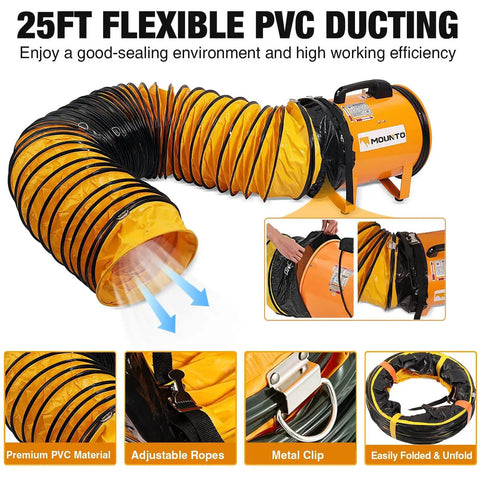 Heavy Duty 12 Inch Cylinder Axial Fan With 25 Foot Vinyl Hose Delivers 2900 CFM Directional Airflow For Crawl Spaces Attics Basements Portable Blower Exhaust Fan Built Tough For Quick Ventilation MOUNTO with yellow PVC ducting and metal clips.