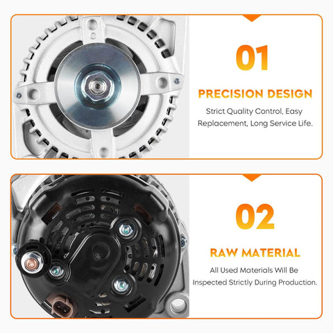 New Beefed Up Heavy Duty 12V Alternator For Ram 1500 2002 2003 5.9L And Ram 2500 3500 2002 5.9L 8.0L Durango 2001-2003 5.9L 136A Replacement With 56029701AA 421000-0111 421000-0113 showing front and back design
