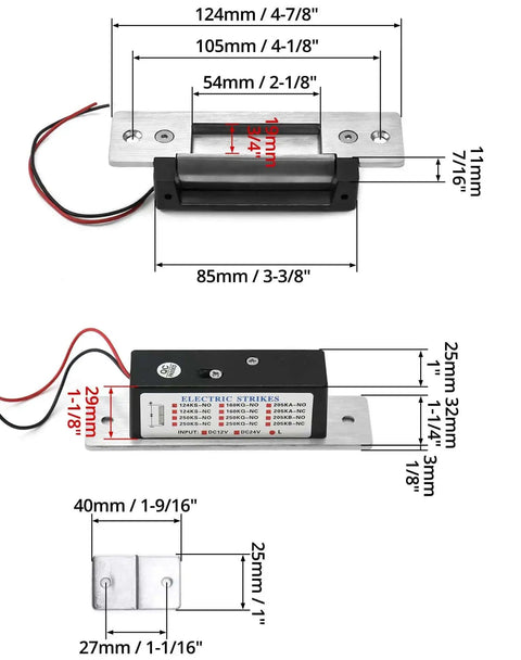 Heavy Duty 12V DC Electric Door Strike Lock With Fail Safe And Fail Secure Modes, stainless steel dimensions and wire view