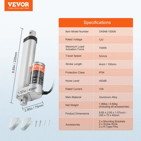 VEVOR 12V aluminum linear actuator with 4-inch stroke, IP54, mounted with brackets; includes two brackets and screws.