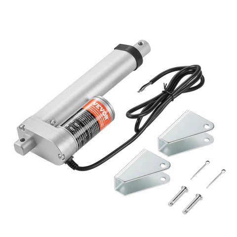 VEVOR 12V linear actuator, silver metal body with two mounting brackets and wiring.