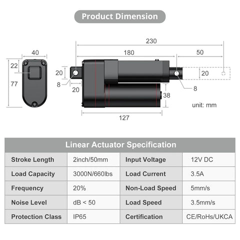 Justech 12V heavy-duty linear actuator with 2in/50mm stroke and mounting brackets, IP65