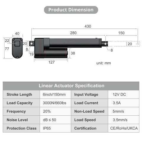 Dimensions and specifications of Heavy Duty 12V Linear Actuator 660 LBS 3000 N With 6 Inch Stroke 150mm Silent Operation IP65 Rated