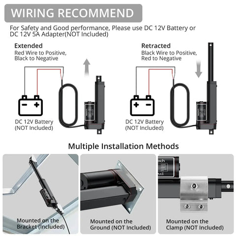 Wiring diagram and installation methods for Heavy Duty 12V Linear Actuator With 225lbs Load, 1000N, 4 Inch Stroke, Silent Operation, IP65 Rated.