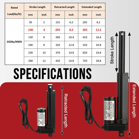 MYFULLY 12V linear actuator, 4-inch stroke, 202 lb load, black metal with mounting bracket