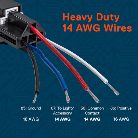Detailed view of 14 AWG wires in 6 Pack 4 Pin 12V Bosch Style Fused Relay Switch Kit With 30A Fuse And Interlocking Harness Socket Holder