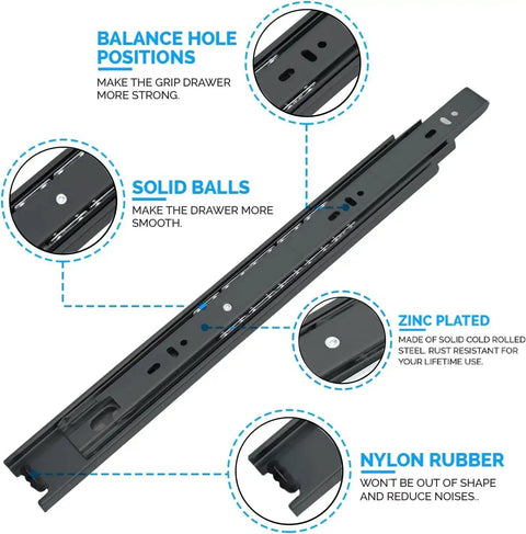 2 Pack 16 Inch Drawer Slides Side Mount Rails Heavy Duty Full Extension Ball Bearing Draw Slides with balance holes and zinc plating