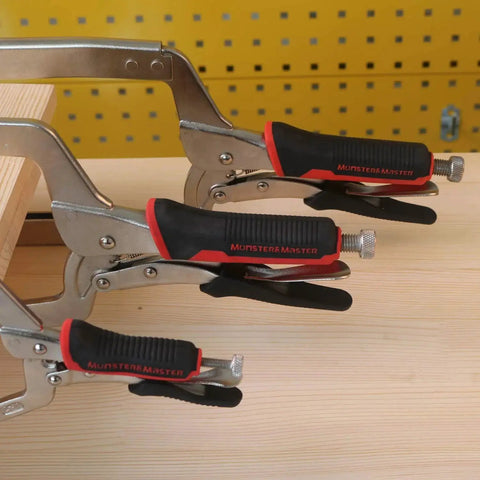 Heavy Duty 18 Inch C Clamp Locking Pliers With Swivel Pads For Welding And Woodworking 2 Piece Set in use on wooden plank