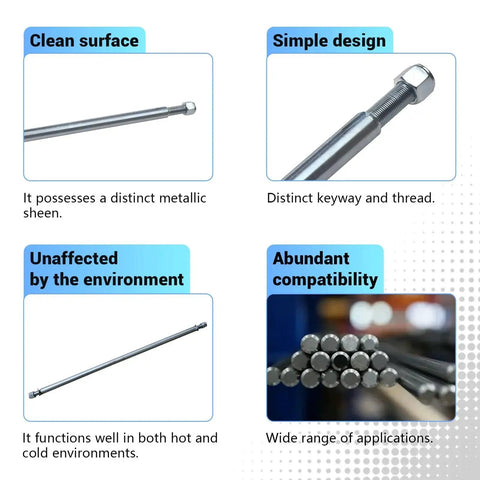 Four images demonstrating features of the Beefed Up Heavy Duty 1 Inch Diameter 40 Inch Steel Axle Rod with close-ups and key details.