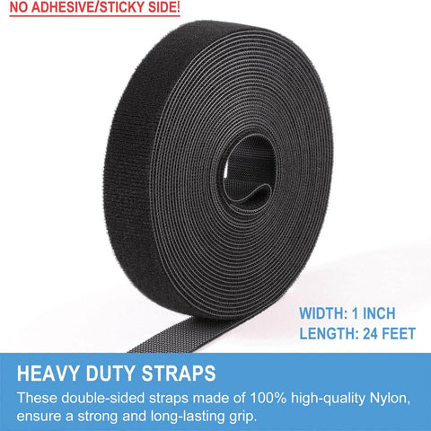 One Inch by Twenty Four Foot Hook and Loop Straps Heavy Duty Self Gripping Strips in black, coiled roll showing width and length.