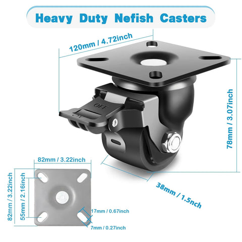 2-Inch Heavy Duty Castors Wheels 2200 LBS, showing swivel caster with brake and dimensions, corrosion-resistant nylon material