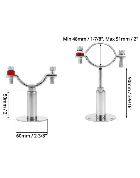 QWORK stainless steel wall mount clamp for 2-inch OD pipe with U-shaped yoke and base flange

QWORK adjustable 2-inch OD pipe clamp mounted on vertical stem, stainless display pipe bracket