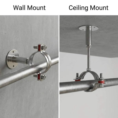 QWORK stainless steel 2" OD pipe wall and ceiling mount clamp for rods, with bolts and red spacers.