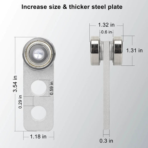 Front and side view of 2 Pack Heavy Duty Trolley Assembly with 2 Wheel Steel Rollers for 1-5/8 Inch Strut Channel showing dimensions