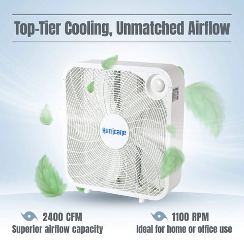 Heavy Duty 20 Inch Box Fan With 3 Quiet Speeds For Home Garage Office And Bedroom Delivering 2400 CFM Airflow And 1100 RPM Corded Portable Floor Mount Cooling For Basement And Living Spaces From Hurricane