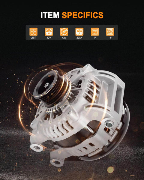 Beefed-Up Replacement Alternator For Dodge Charger Challenger And Chrysler 300 with 220A output visible on black background.