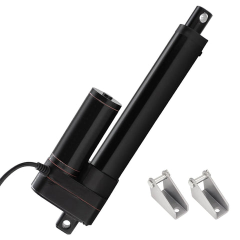 JQDML 24V 6-in stroke linear actuator, black finish; includes mounting bracket and two silver brackets.