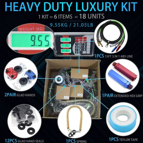 Three In One Air Hose Kit For Semi Trucks Fifteen Foot Long With ABS Power Airlines Hose Wrap Ready To Install For Tractor Trailers Includes Two Glad Hands One Grip One Spring Twelve Seals And A Seven Way Electrical Cable Plus Teflon Tape.