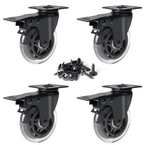 3 Inch Plate Caster Set Of 4 With Brake Dual Locking Heavy Duty Top Plate Industrial Swivel Casters Load Capacity 600 Lbs Ideal For Cart And Trolley Applications Safe Mobility And Easy Positioning, front view with screws